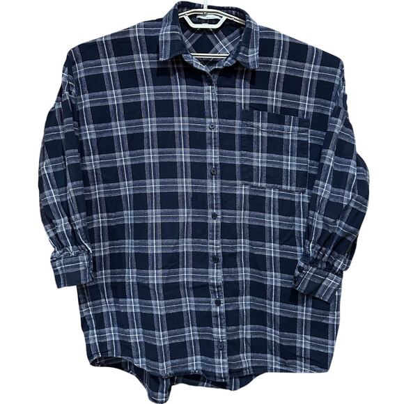 Oak Fort Flannel Shirt Size S Black Gray Plaid Oversized Button Up Grunge Cozy - Picture 1 of 8